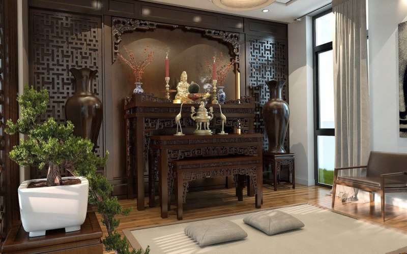 cách đặt giường ngủ sau phòng thờ