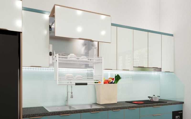 giá inox tủ bếp cánh kính