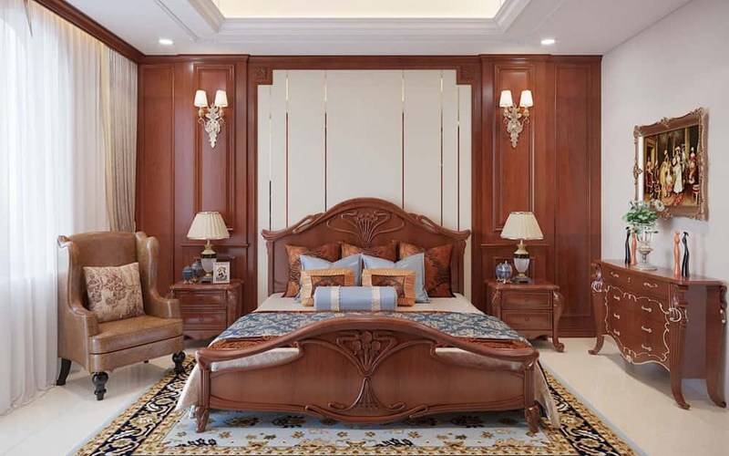 Giường gỗ gõ đỏ kiểu cổ điển