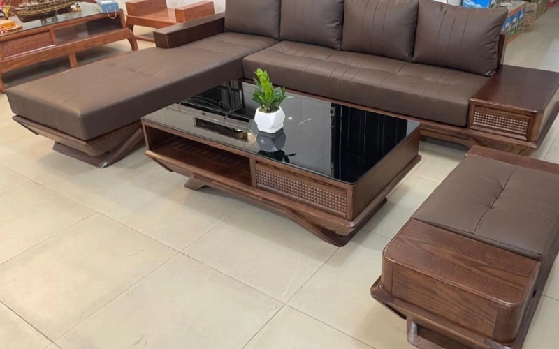 Sofa chữ L gỗ óc chó hiện đại