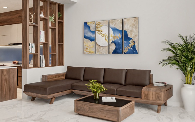 Khám phá sofa chữ L gỗ óc chó hiện đại – Lựa chọn hoàn hảo cho gia đình Việt